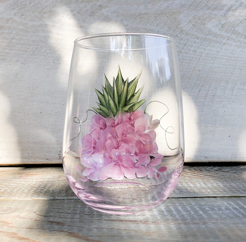 Hand Painted Pink Floral Pineapple STEMLESS Glass