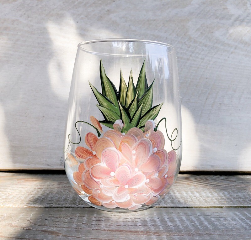 Hand Painted Peach Floral Pineapple STEMLESS Glass