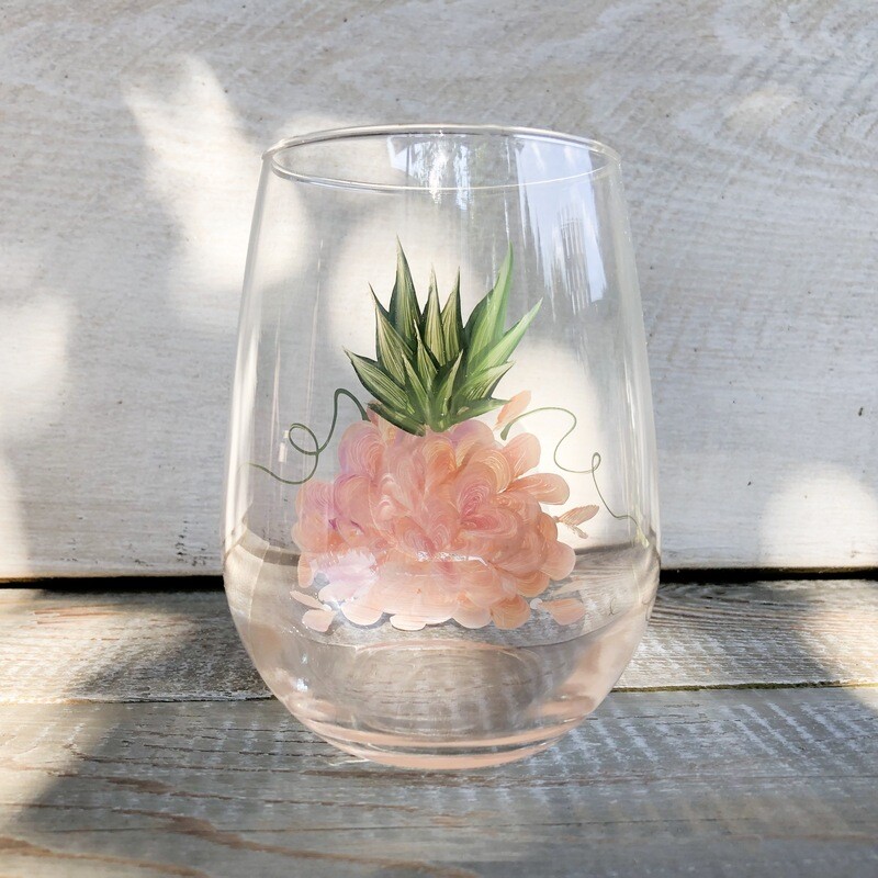 Hand Painted Peach Floral Pineapple STEMLESS Glass