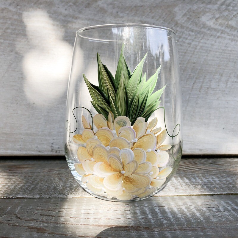 Hand Painted Yellow Floral Pineapple STEMLESS Glass