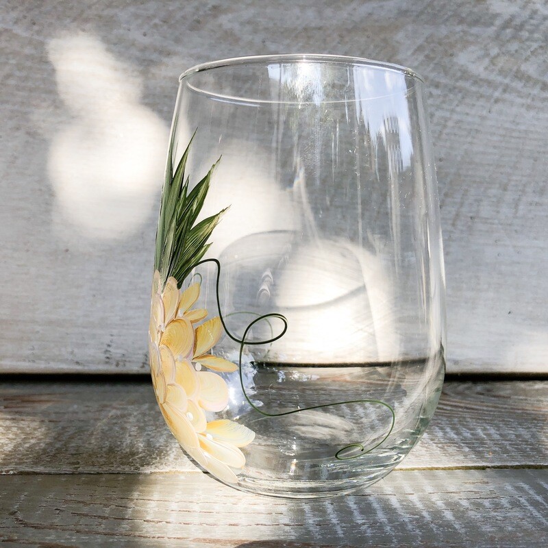 Hand Painted Yellow Floral Pineapple STEMLESS Glass