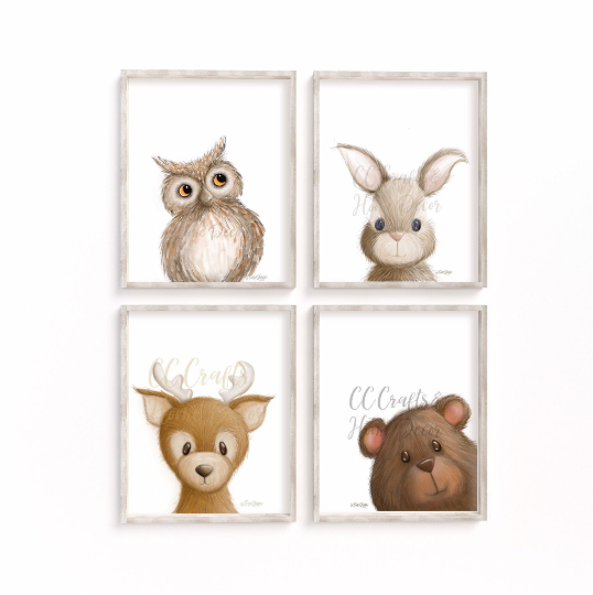 Set of 4 Woodland Animal Prints Mix and Match