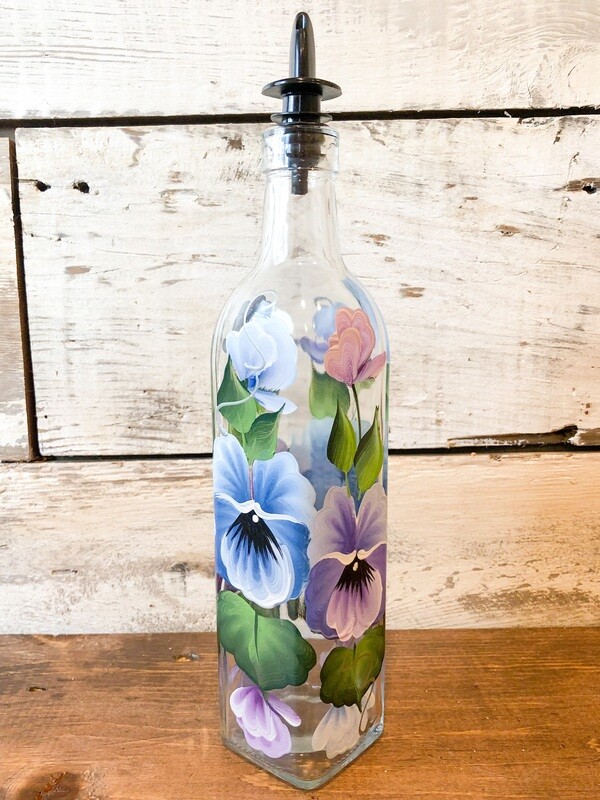 Hand Painted Everything Bottle - Blue and Purple Pansies