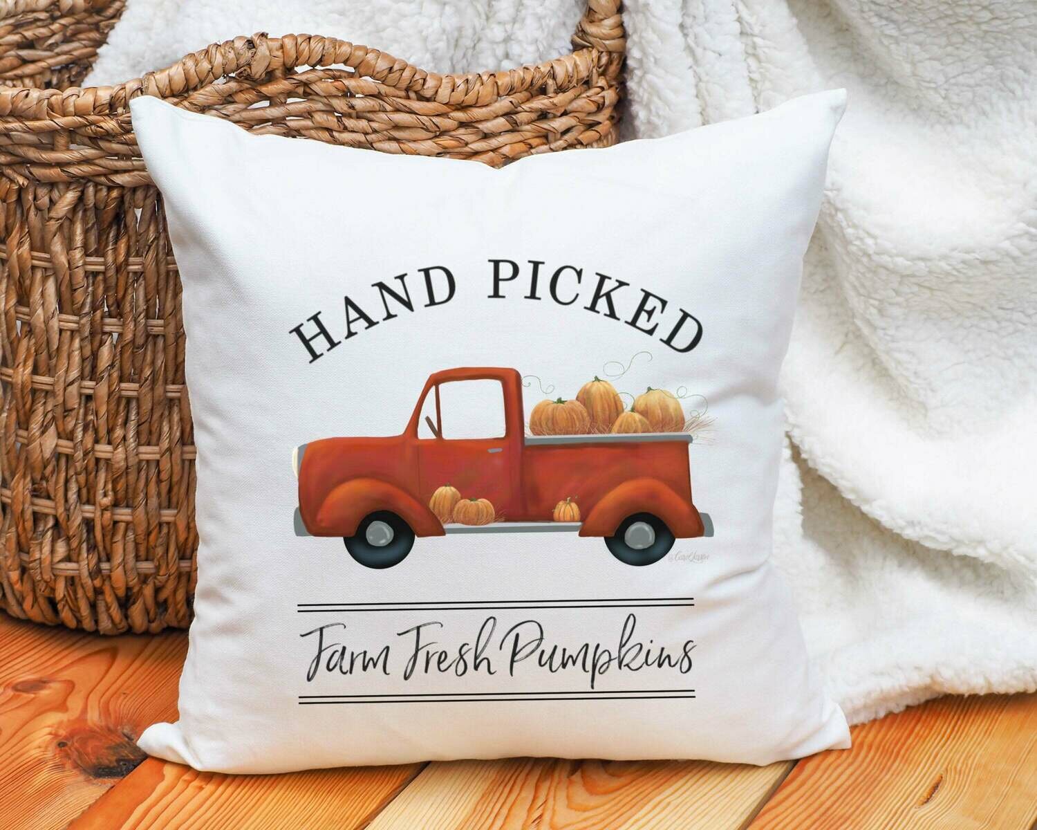 Red Truck Hand Picked Pumpkins Square Pillow Cover, Cushion Cover
