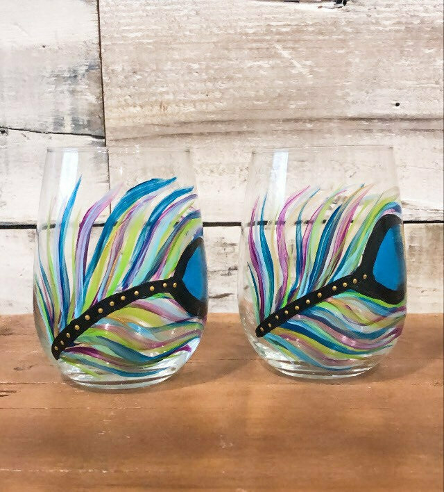 Hand painted Peacock Feather Stemless Glass