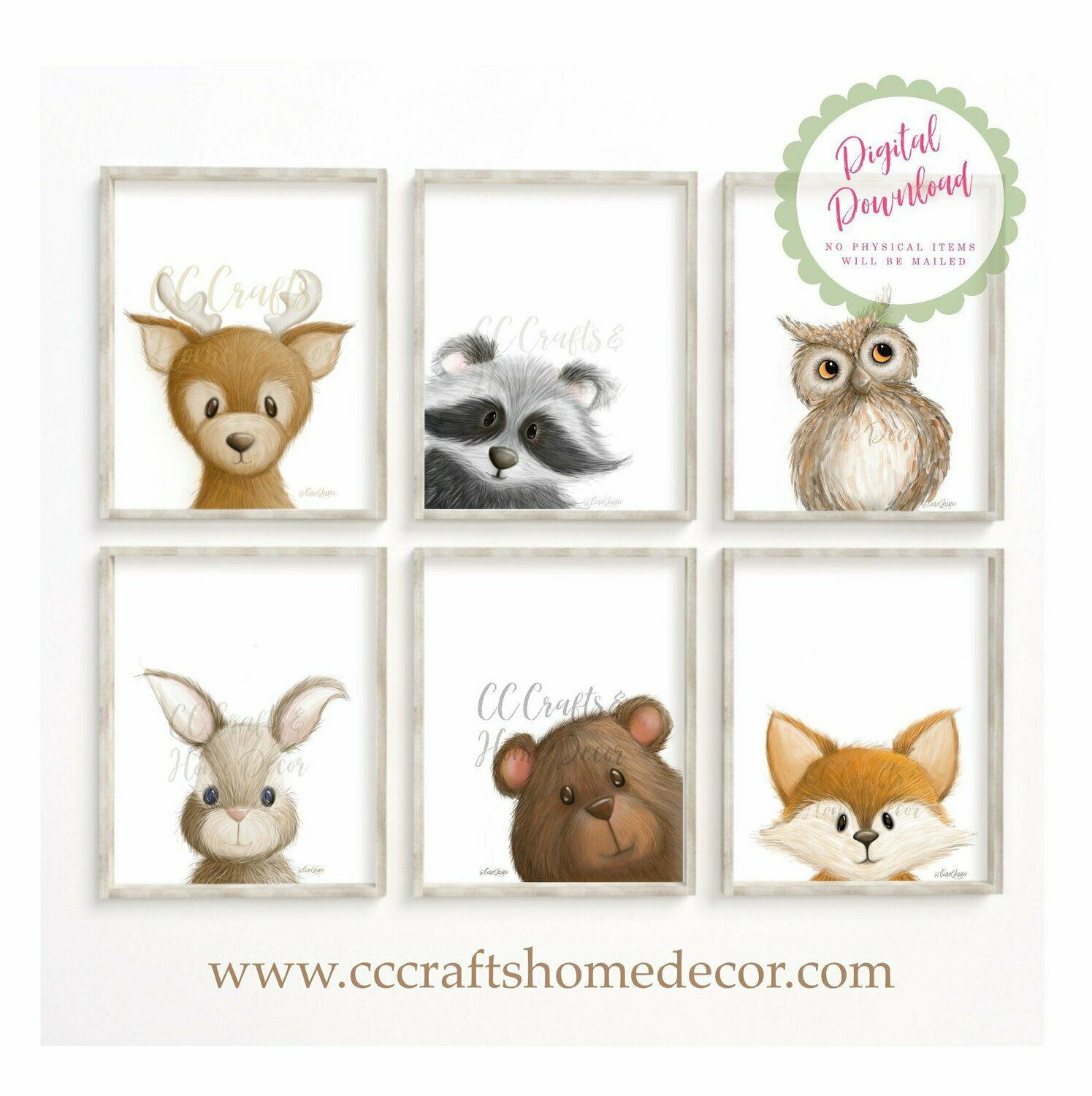 Set of Six (6) Woodland Animal Theme Nursery Art Prints with cute Forest Animals - INSTANT DIGITAL DOWNLOAD, printable art
