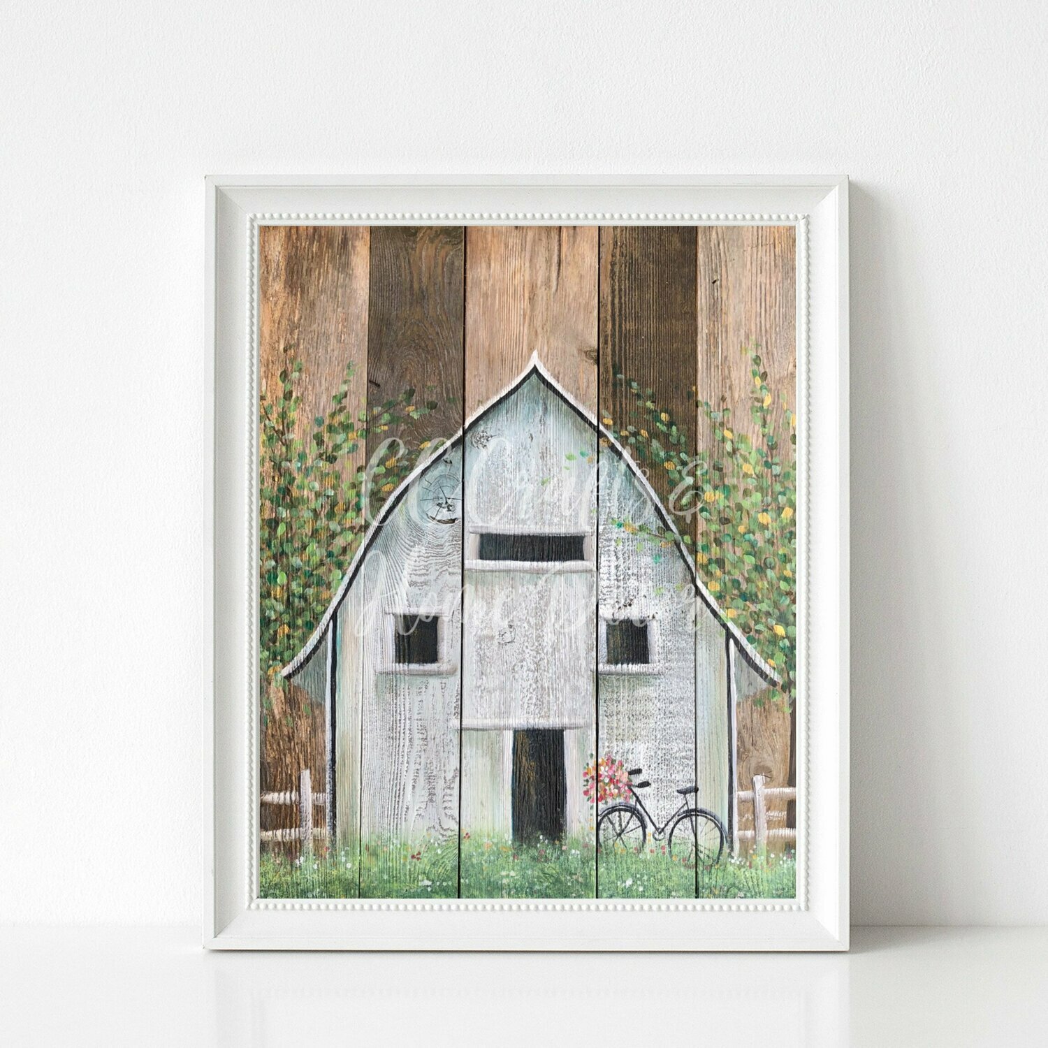 White Barn Art Print with Bicycle.