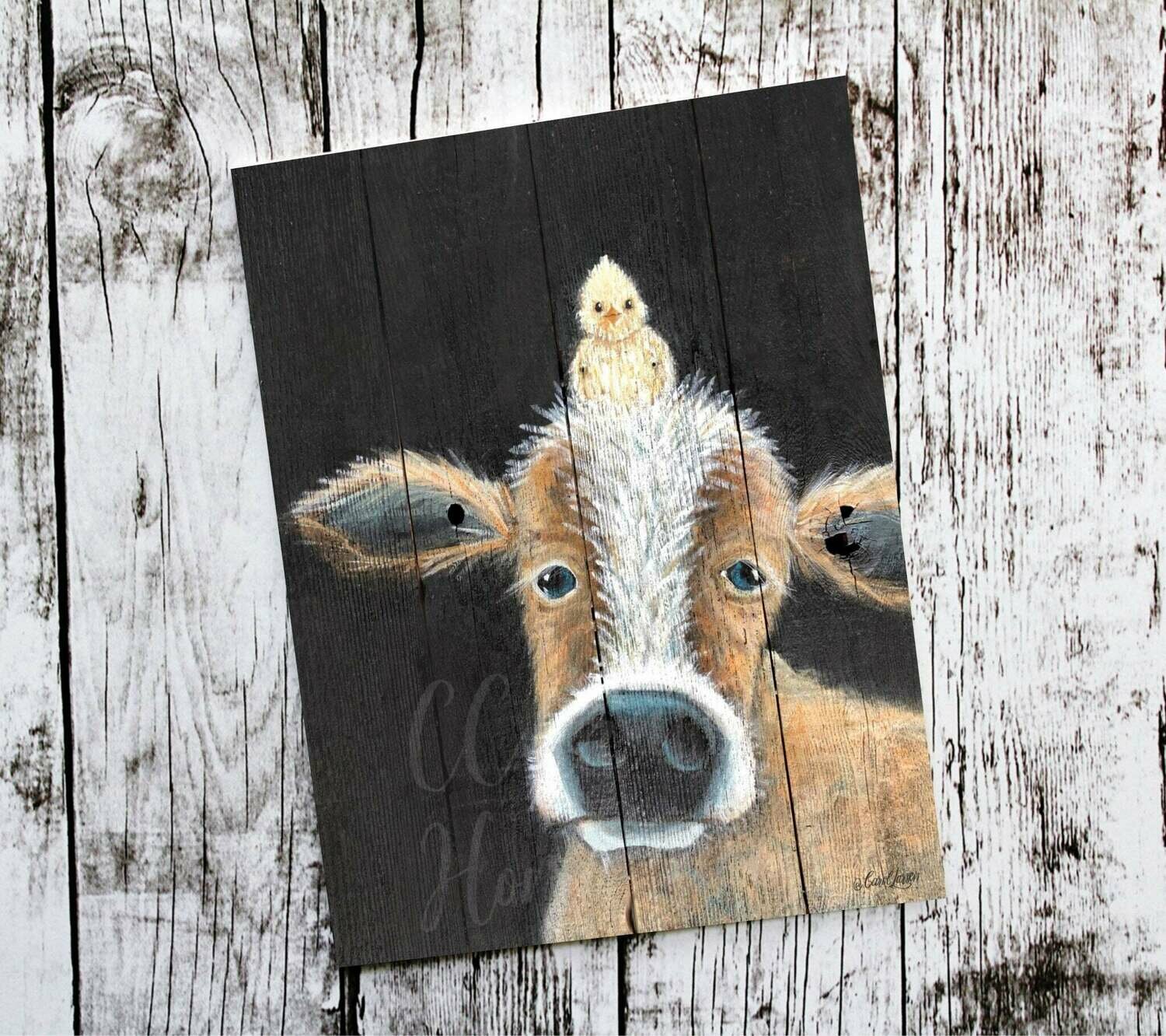 Farmhouse Brown Cow and Chick on Rustic Wood Art Print,