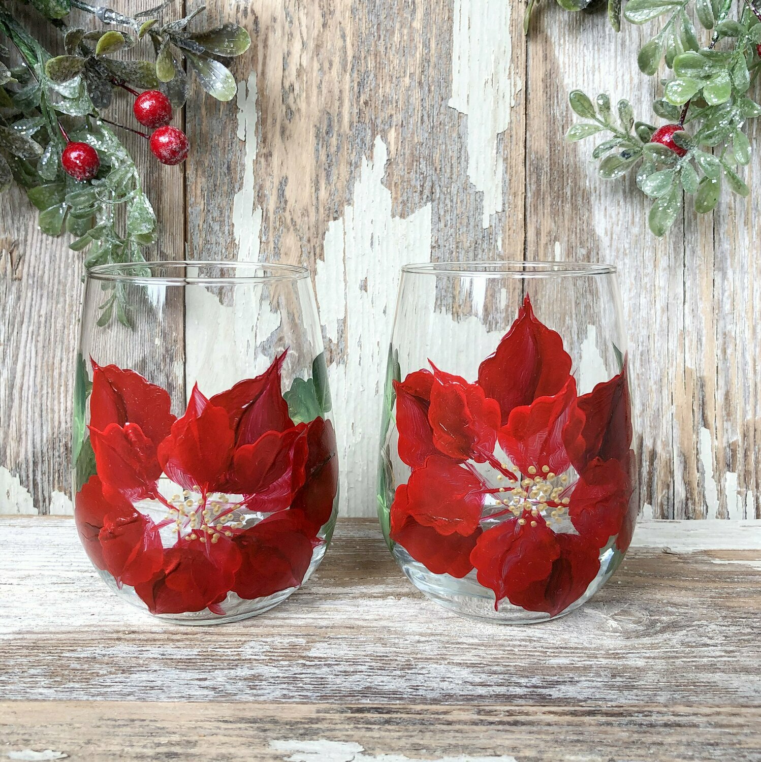 Hand Painted Red Poinsettia Christmas Stemless Glass