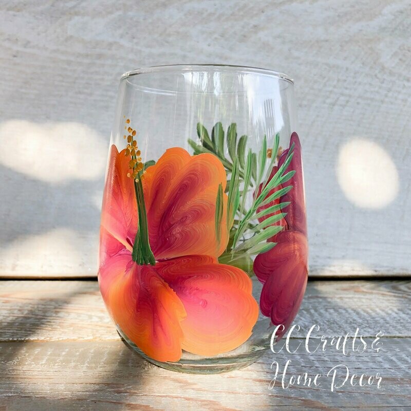Hand Painted Red/Orange Hibiscus STEMLESS Glass