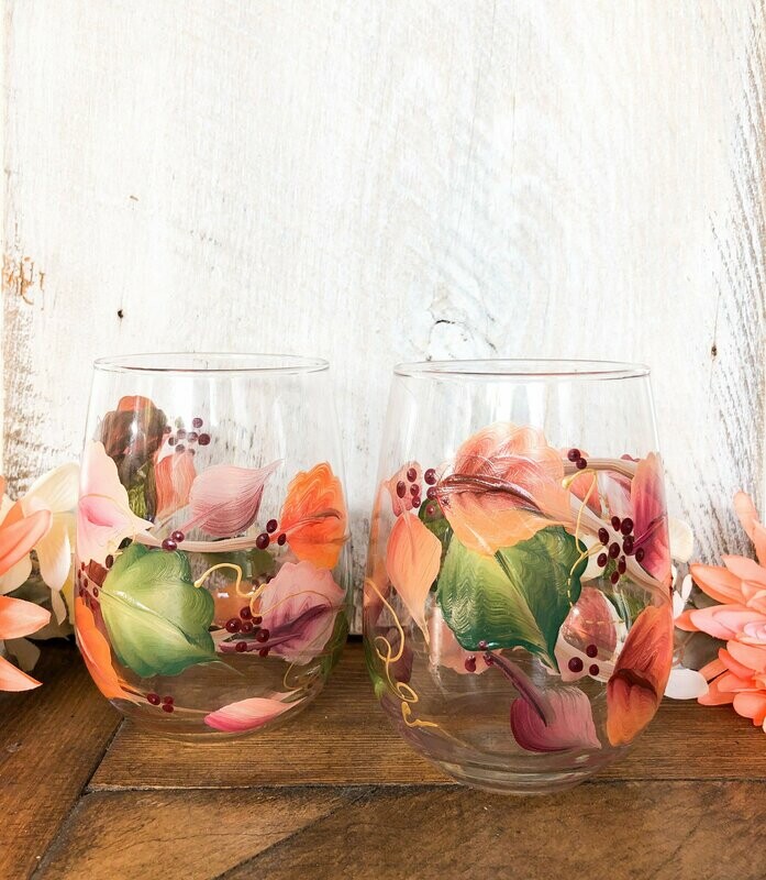 Hand Painted Fall Leaves Stemless Glass