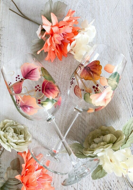 Hand Painted Fall Leaves Stemmed Glasses.
