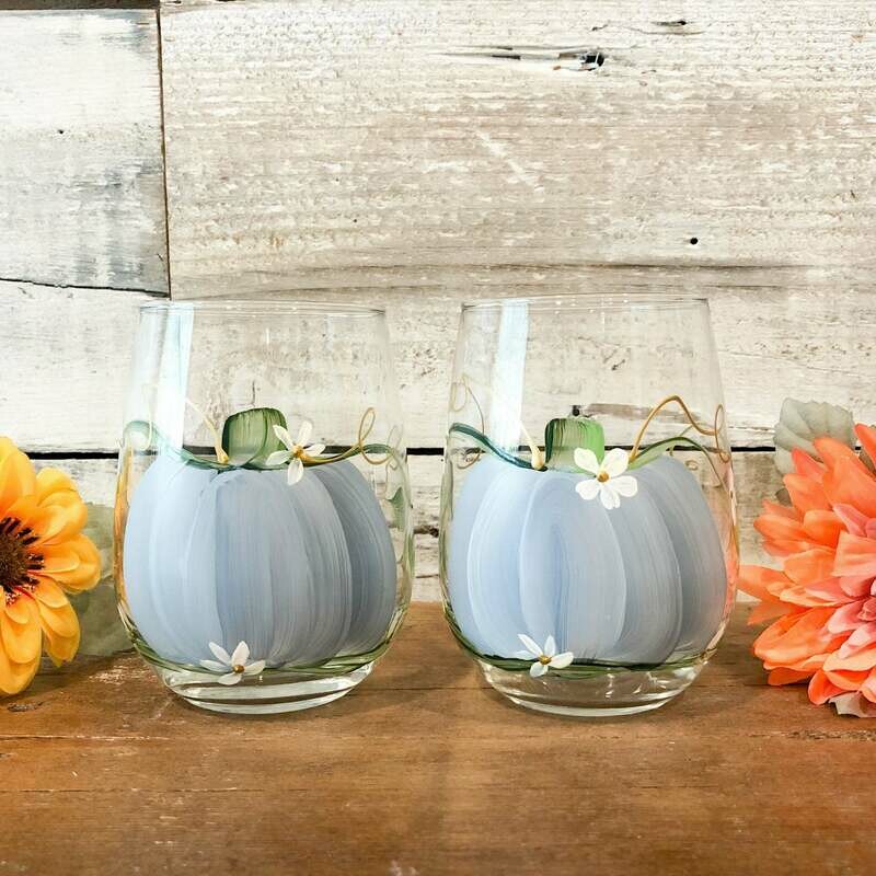 Hand painted Fall Blue Pumpkin Stemless Glass