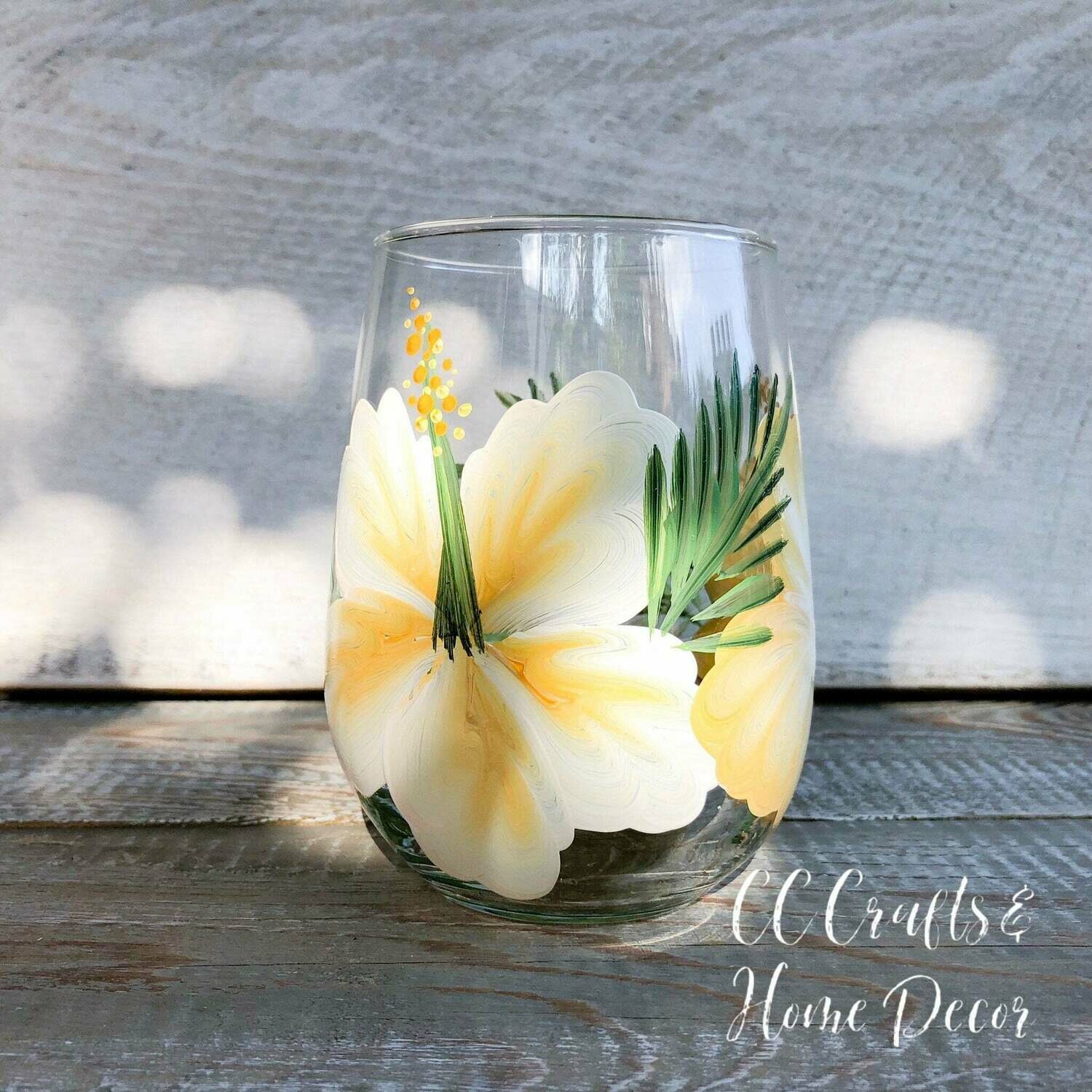 Hand Painted Yellow Hibiscus STEMLESS Glass