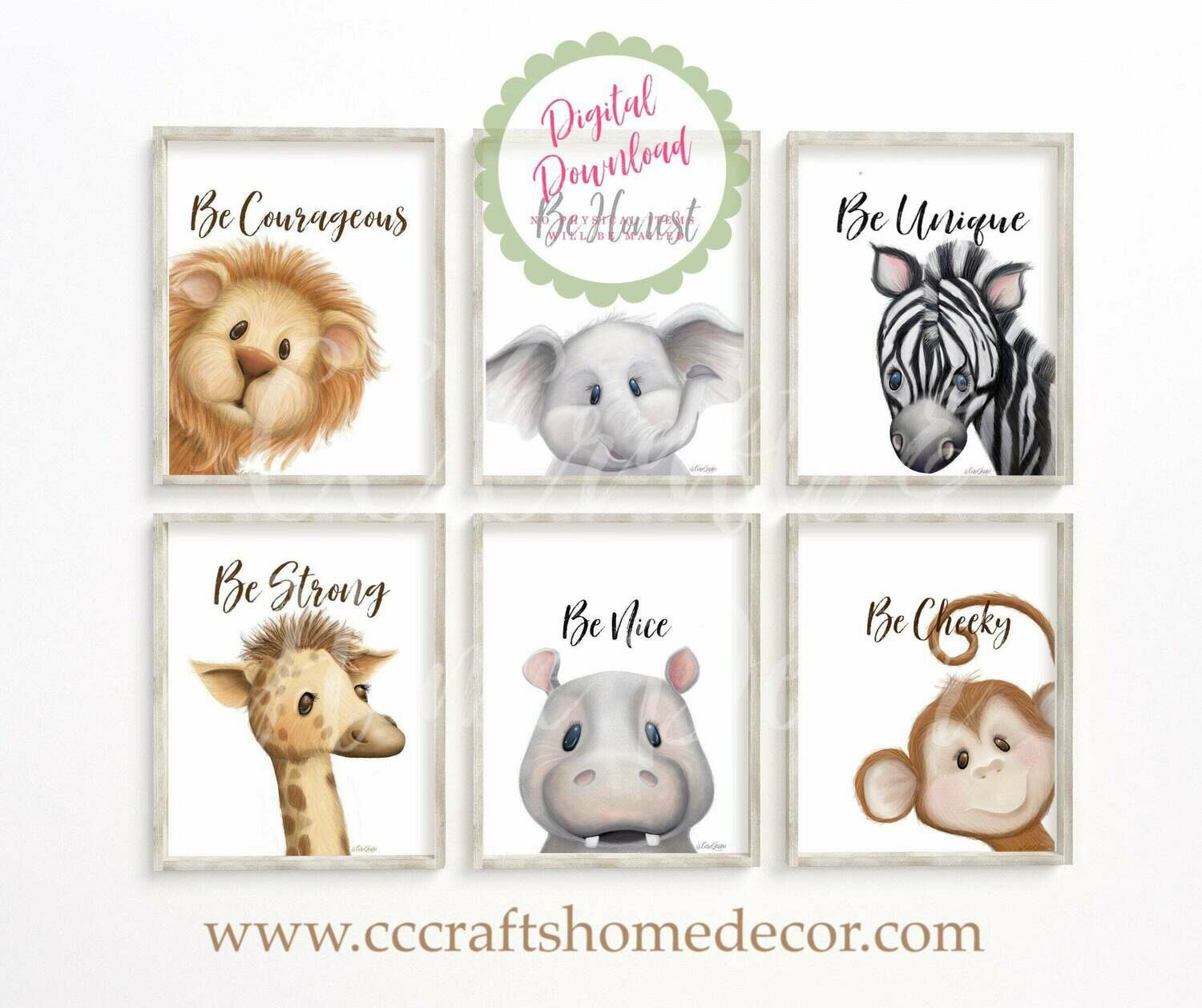 Set of Six (6) Safari/Jungle Animal Theme Nursery Digital Art Prints with Cute Sayings = INSTANT DIGITAL DOWNLOAD