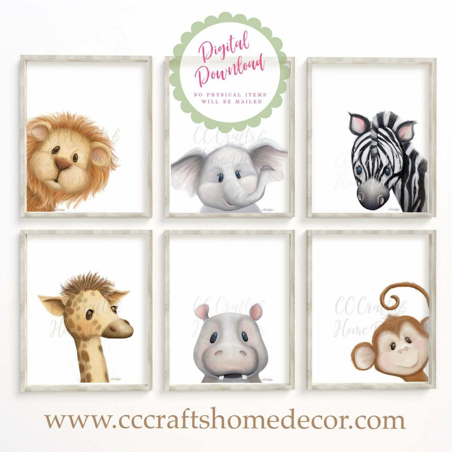 Set of Six (6) Safari/Jungle Animal Theme Nursery Digital Art Prints INSTANT DIGITAL DOWNLOAD -printable art