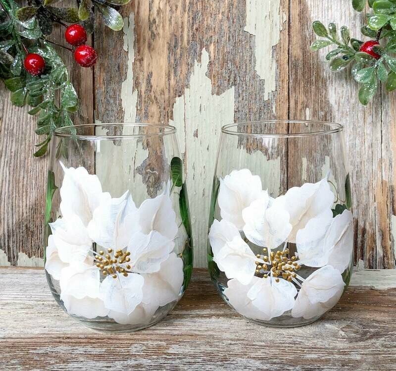 Hand painted White Poinsettia Christmas Stemless Glass