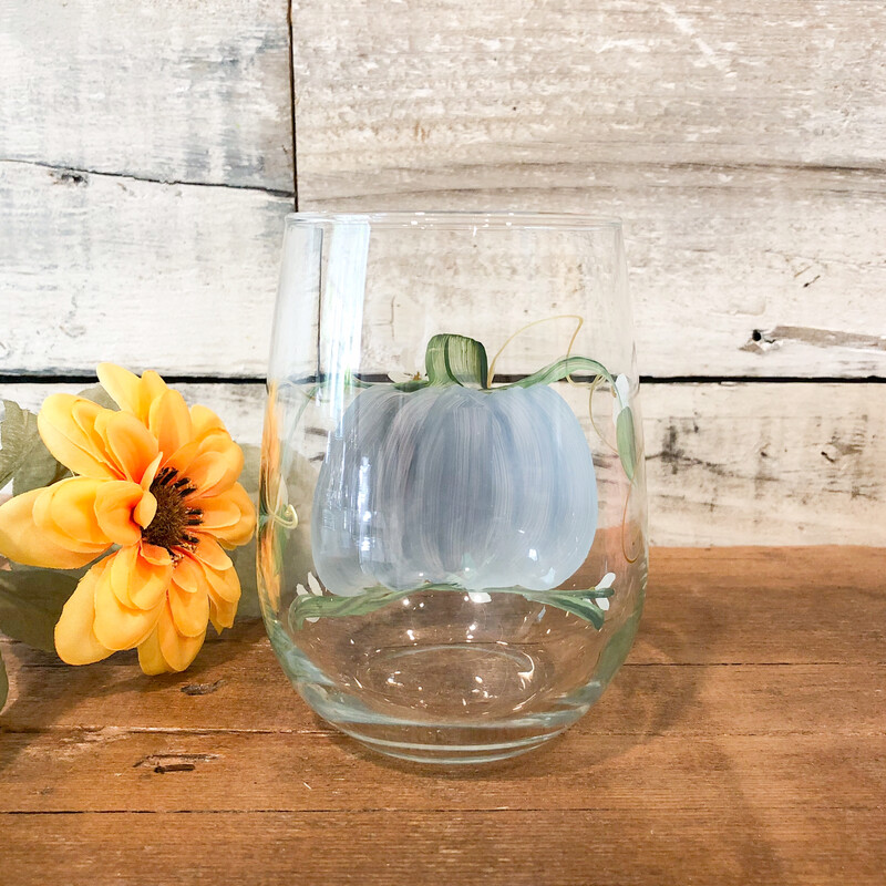 Hand painted Fall Blue Pumpkin Stemless Glass