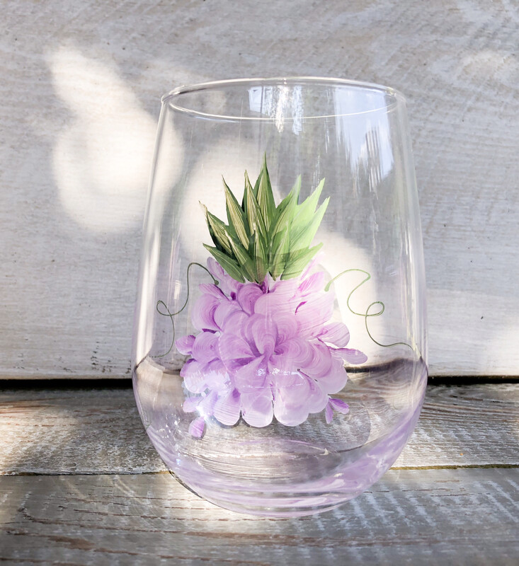 Hand painted Purple Floral Pineapple STEMLESS Glass