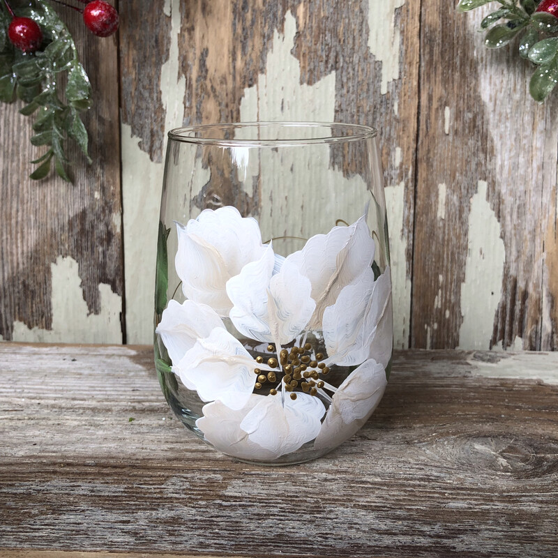 Hand painted White Poinsettia Christmas Stemless Glass