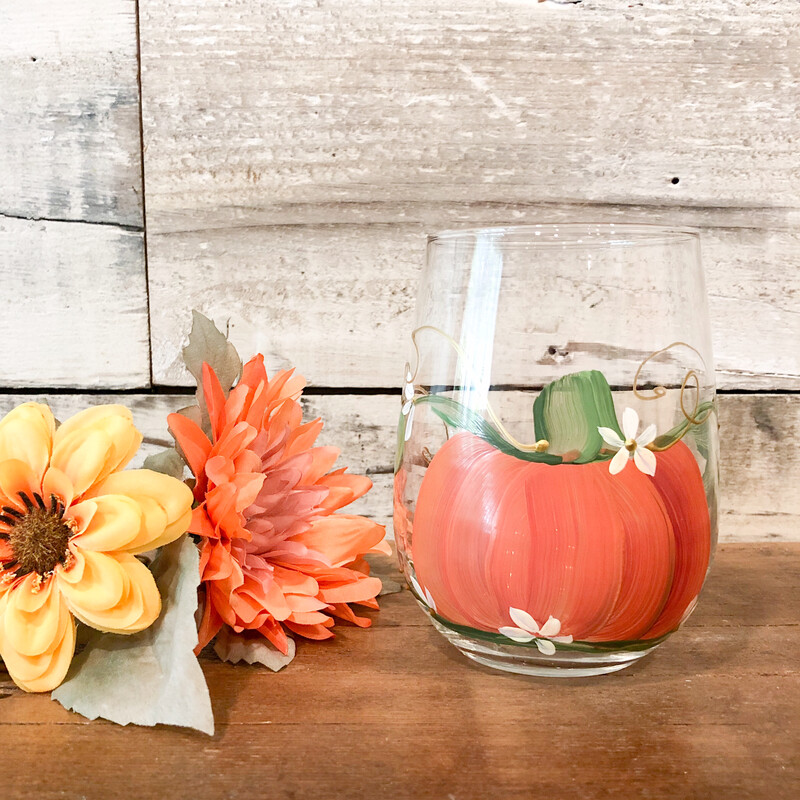 Hand painted Fall Orange Pumpkin Stemless Glass