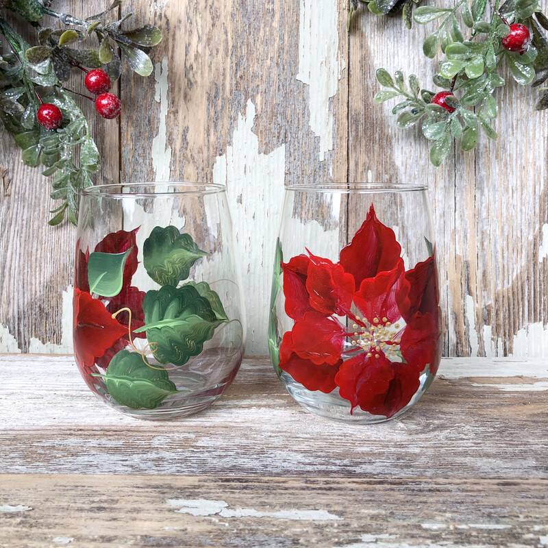Hand Painted Red Poinsettia Christmas Stemless Glass