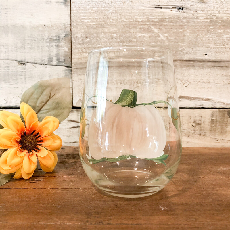 Hand painted Fall Ivory Pumpkin Stemless Glass