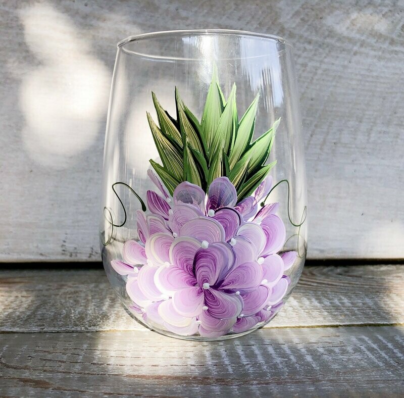Hand painted Purple Floral Pineapple STEMLESS Glass