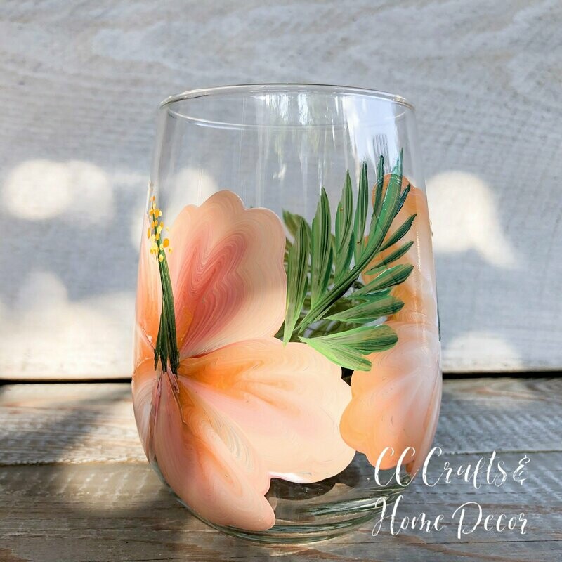 Hand Painted Coral Hibiscus STEMLESS Glass