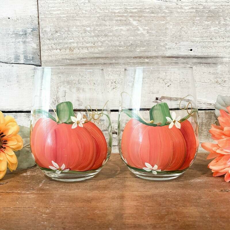 Hand painted Fall Orange Pumpkin Stemless Glass
