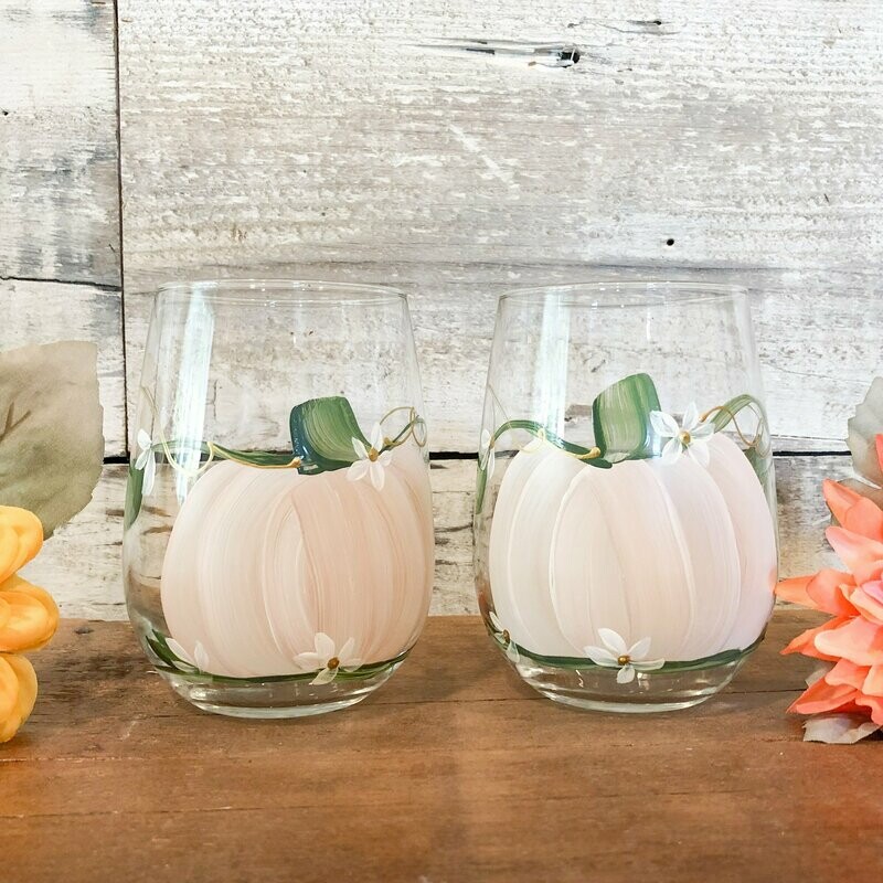 Hand painted Fall Ivory Pumpkin Stemless Glass