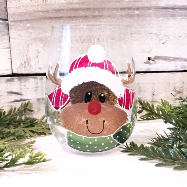 Hand Painted Reindeer Christmas Stemless Glass