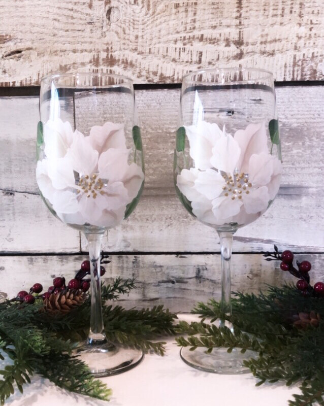 Hand painted White Poinsettia Stemmed glass,