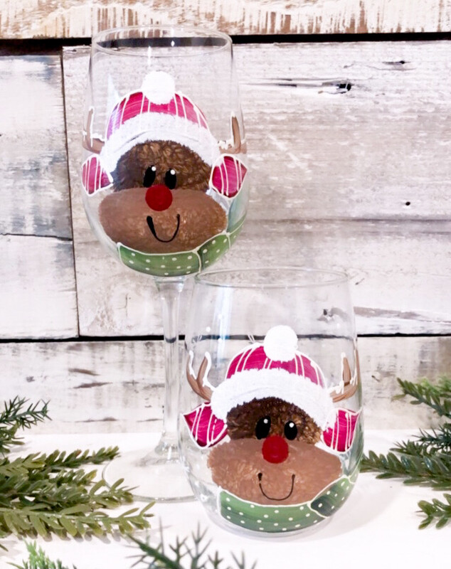 Hand Painted Reindeer Christmas Stemmed Glass