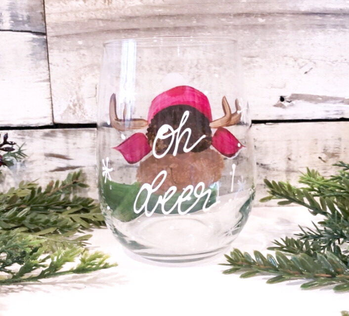 Hand Painted Reindeer Christmas Stemless Glass