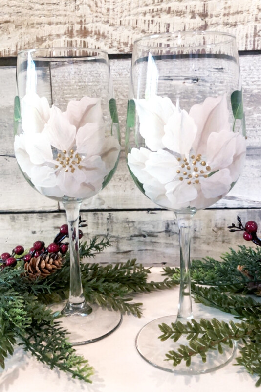 Hand painted White Poinsettia Stemmed glass,