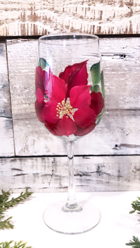 Hand painted Red Poinsettia Stemmed glass