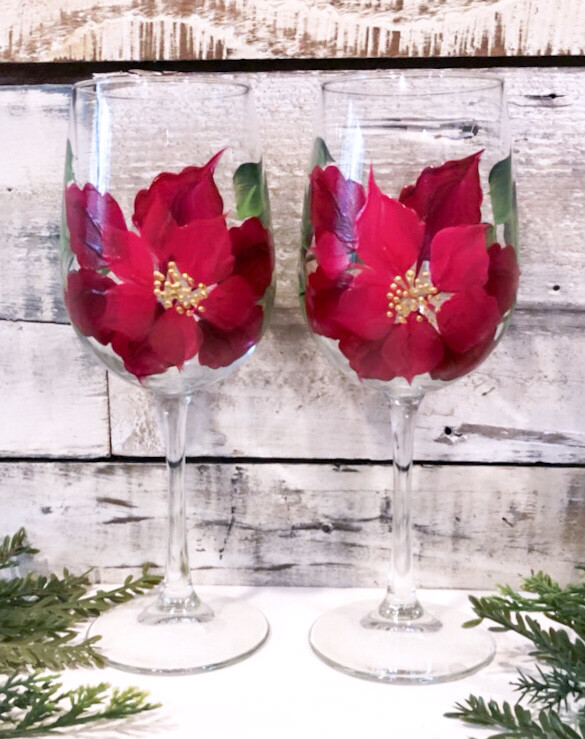 Hand painted Red Poinsettia Stemmed glass