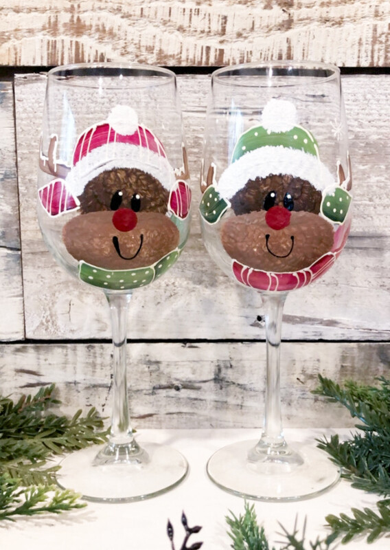 Hand Painted Reindeer Christmas Stemmed Glass
