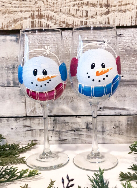 Hand painted Snowman Christmas Stemmed glass,