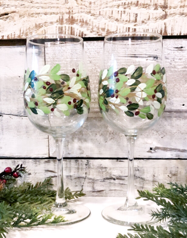 Hand painted Boxwood Wreath with Red Berries Stemmed glass