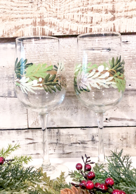 Hand painted Pine Wreath with White Berries Stemmed glass