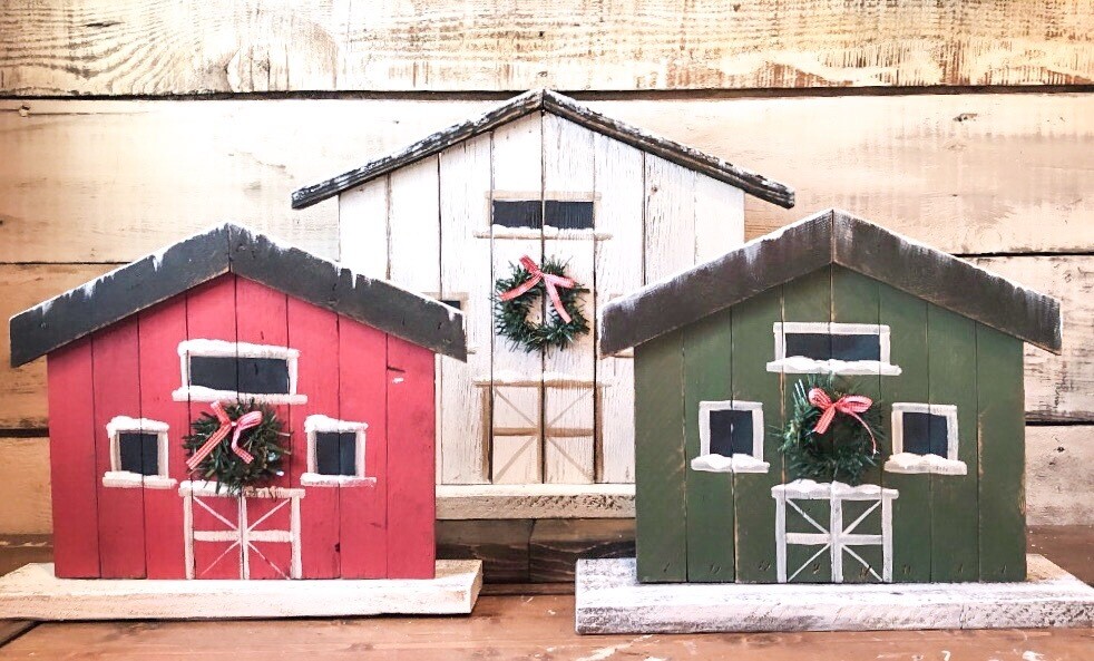 Handmade Red Christmas Barns 13&quot; tall and 16&quot; tall