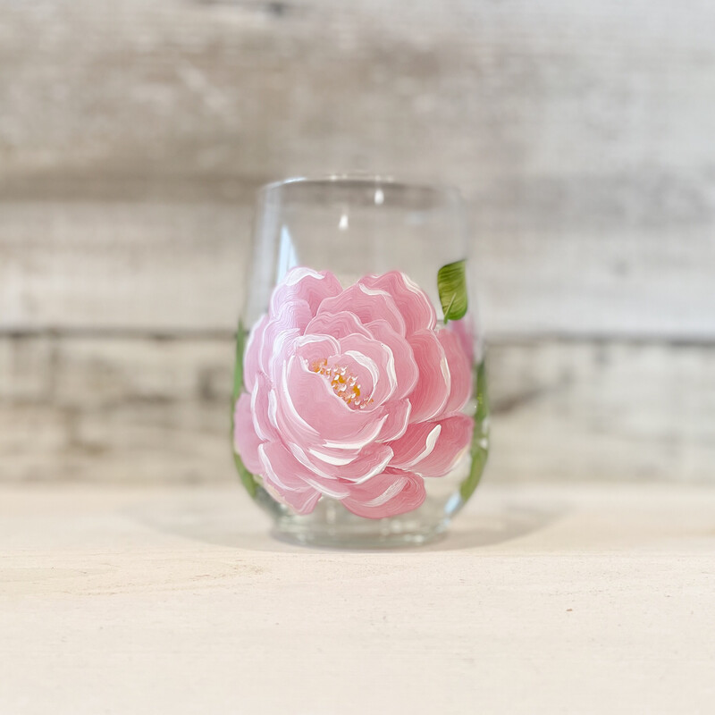 Hand Painted Pink Peony STEMLESS Glass