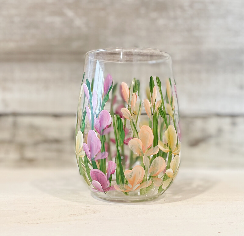 Hand Painted Sweet Pea STEMLESS Glass