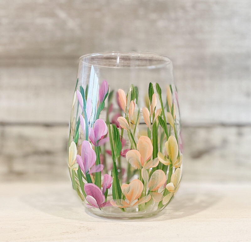 Hand Painted Sweet Pea STEMLESS Glass