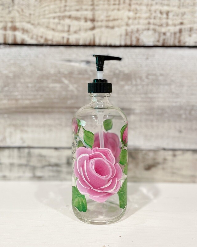 Hand painted Pink Rose Soap/Lotion Bottle