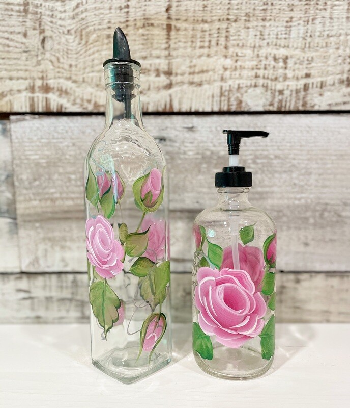 Hand painted Pink Rose Soap/Lotion Bottle