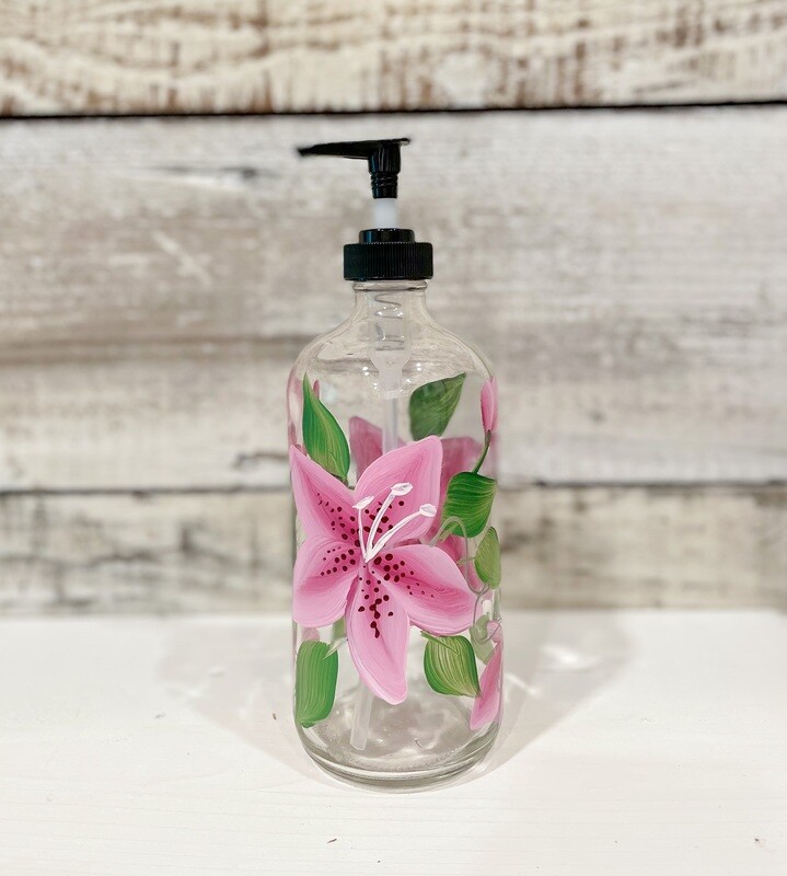 Hand painted Stargazer Lily Soap/Lotion Bottle