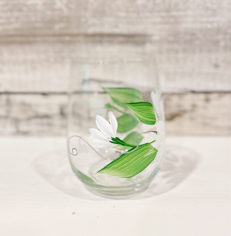 Hand Painted White Daisy STEMLESS Glass